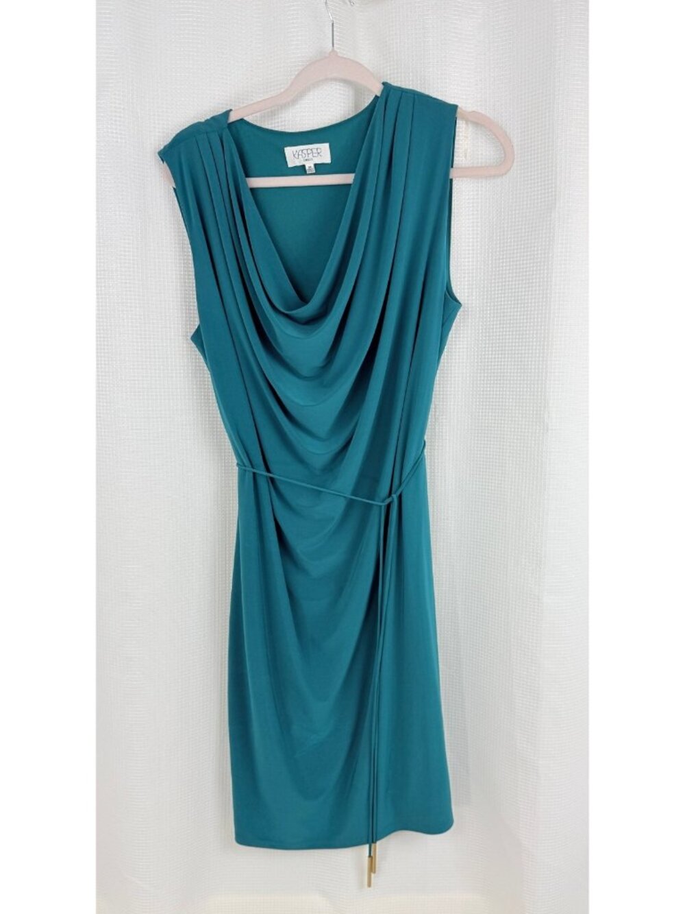 Kasper Dress Womens 14 Sheath Teal Blue Sleeveless Cowl Neck Belted